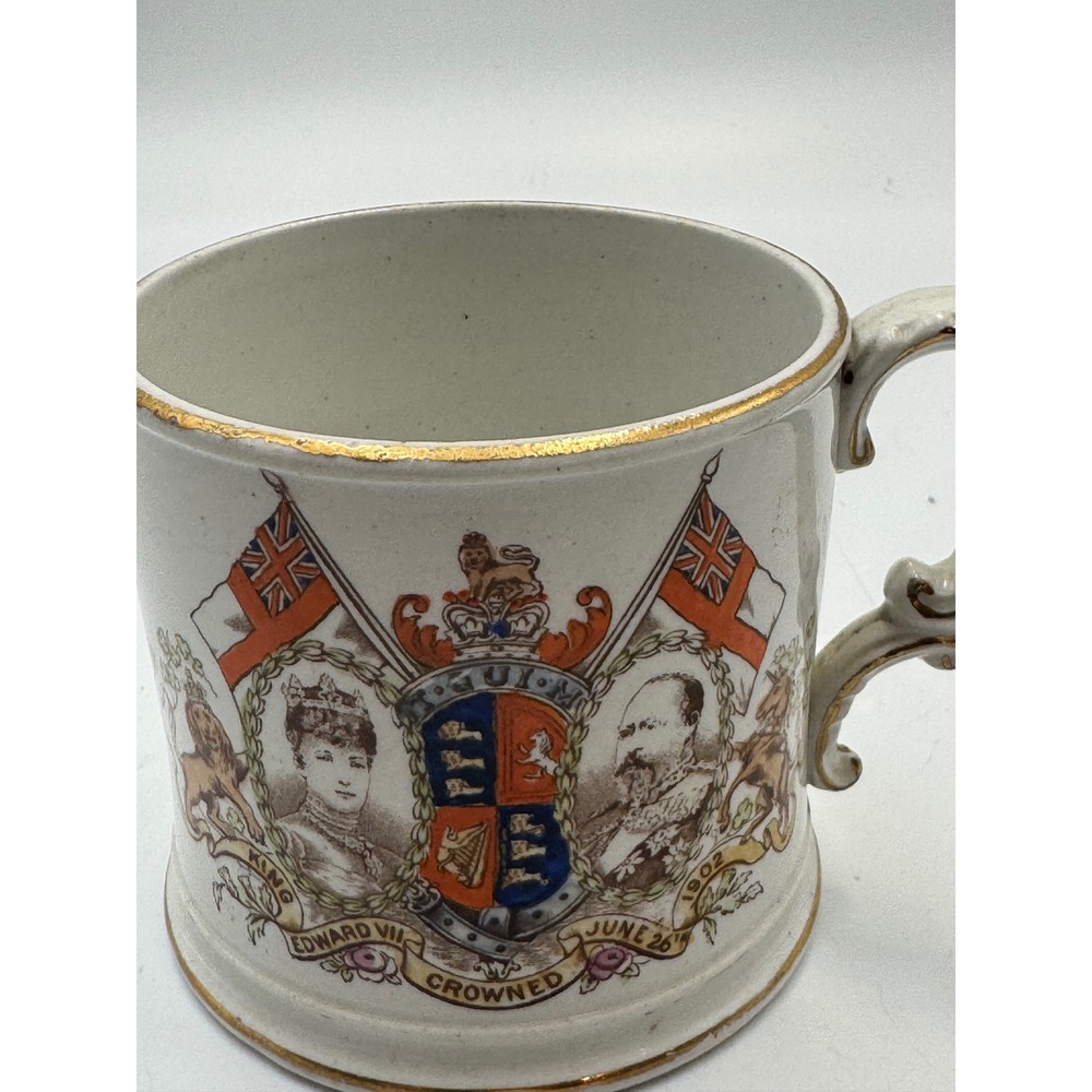 Antique 1902 King Edward VII Coronation Commemorative Mug Queen Alexandra Gold